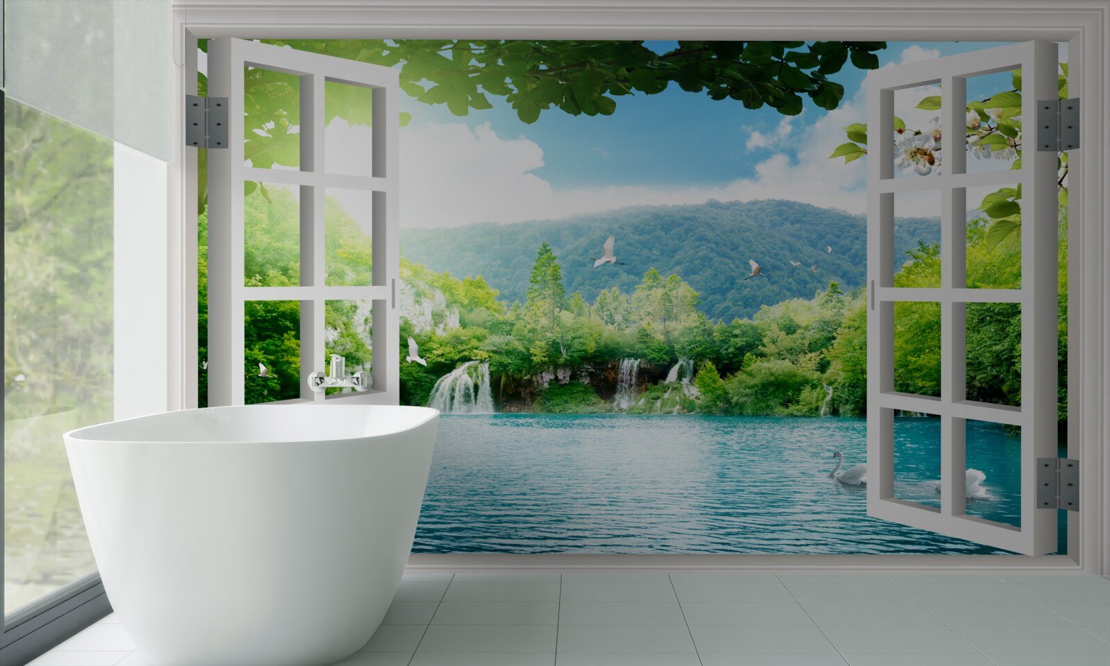 Fototapeten Das Fenster geht zum See, was von den Wasserfällen beeinflusst wird