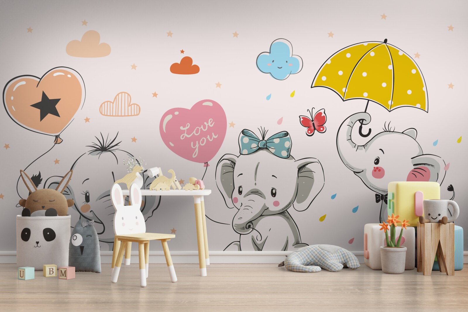 Fototapeten Schöne Elefanten mit Luftballons