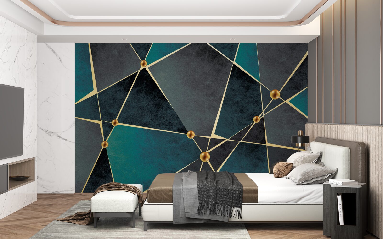 Fototapeten Smaragdmosaik mit goldenen Akzenten