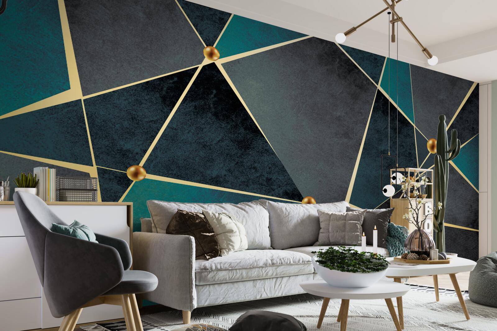 Fototapeten Smaragdmosaik mit goldenen Akzenten