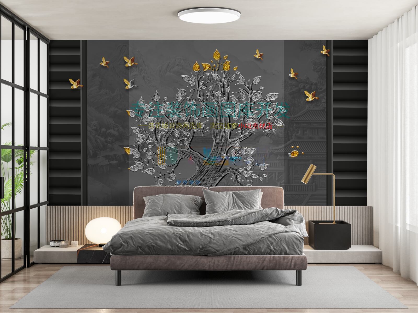 Fototapeten Goldener Baum und Vögel fliegen am Himmel