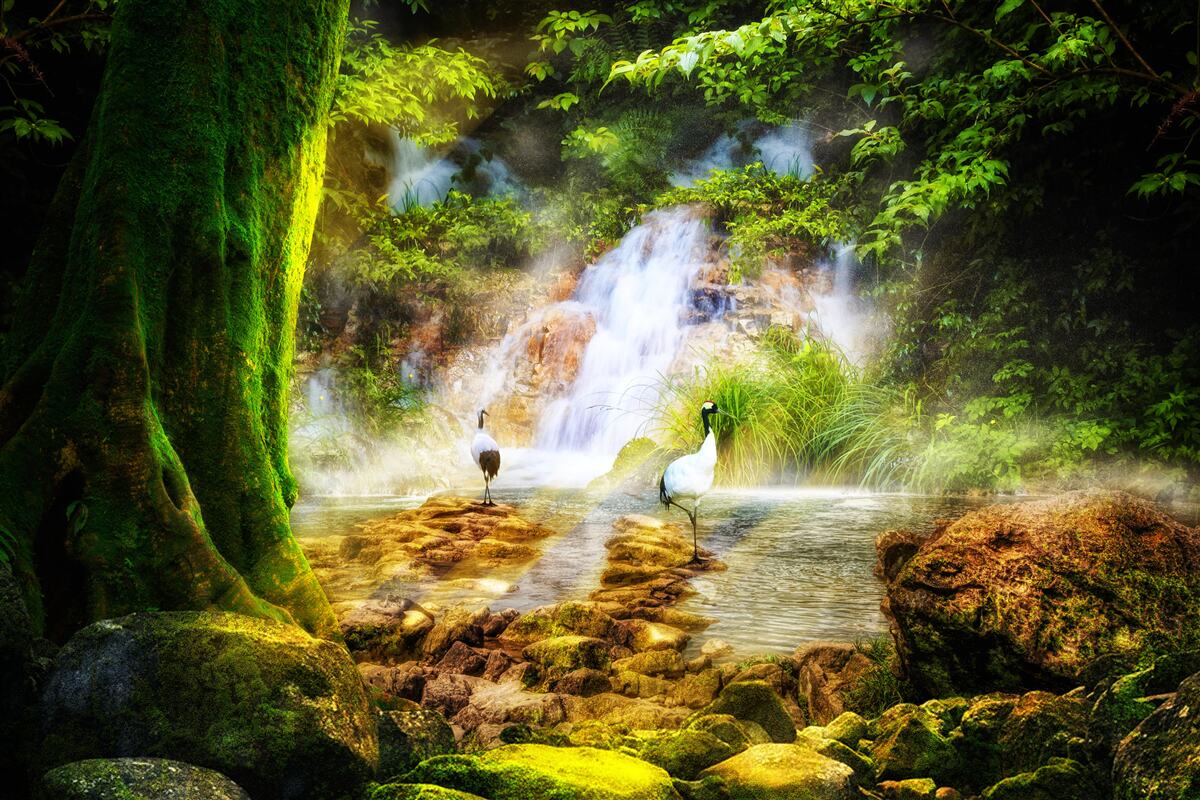 Fototapeten Magischer Bergwasserfall mit einer Kaskade fällt