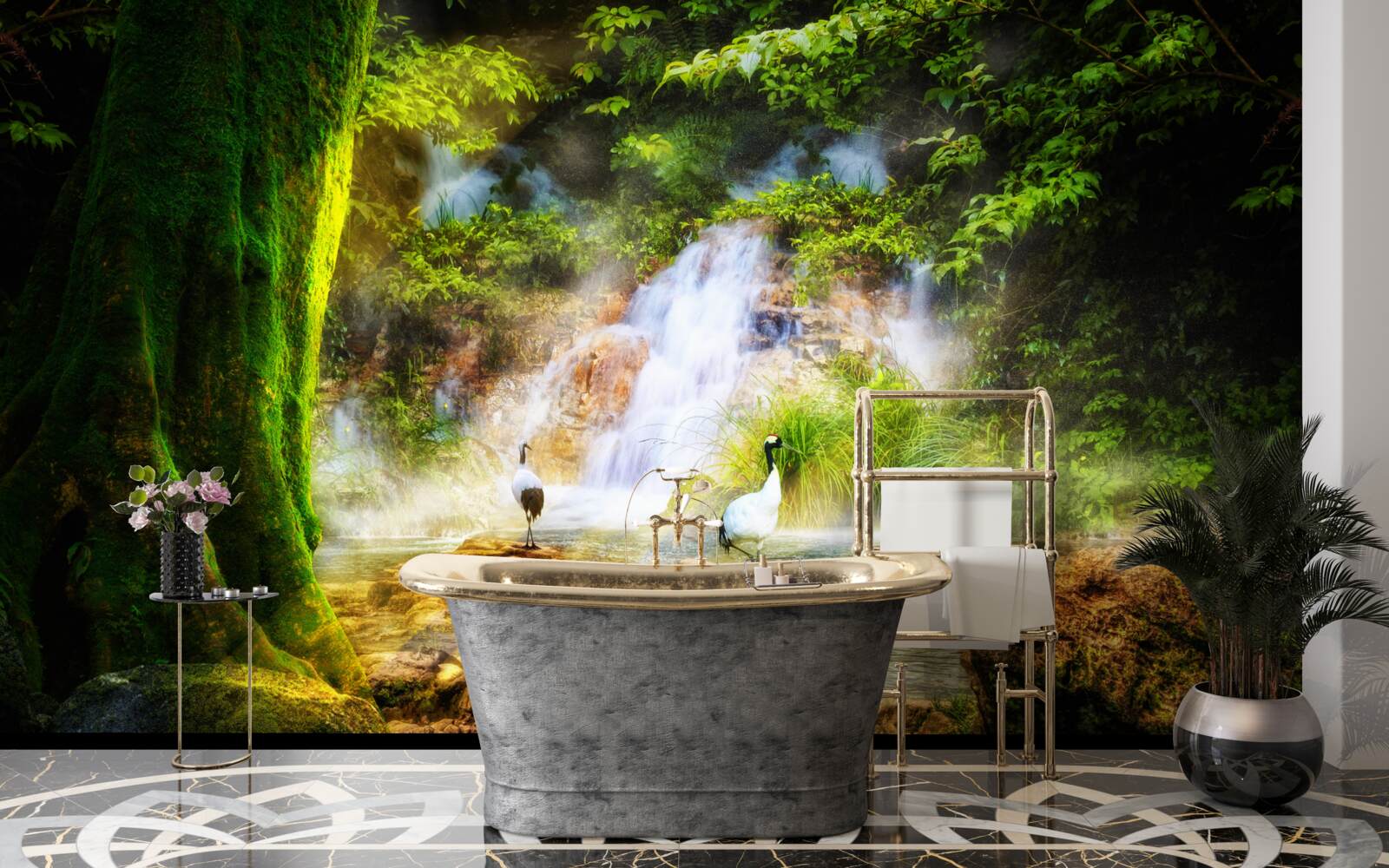 Fototapeten Magischer Bergwasserfall mit einer Kaskade fällt