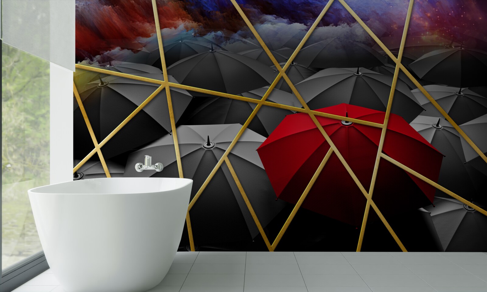 Fototapeten Goldenes Gitter auf grauem Hintergrund, der durch einen roten Regenschirm betont wird
