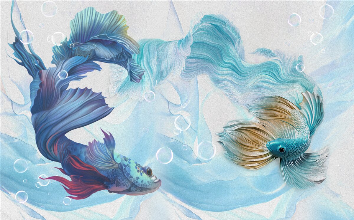 Fototapeten Bild von farbenfrohen Fischen, die im Wasser schweben