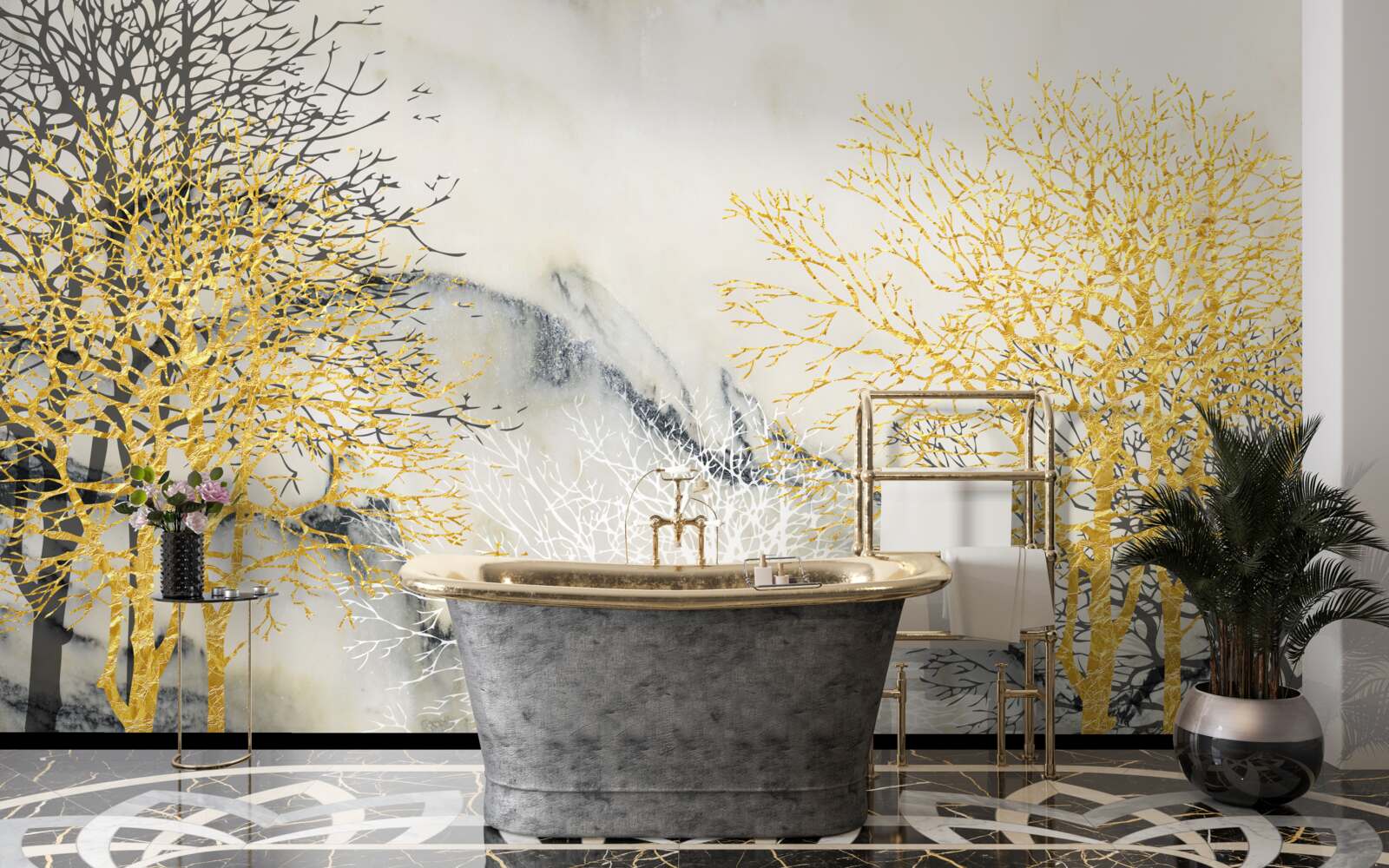 Fototapeten Herbstbäume mit Gold bedeckt