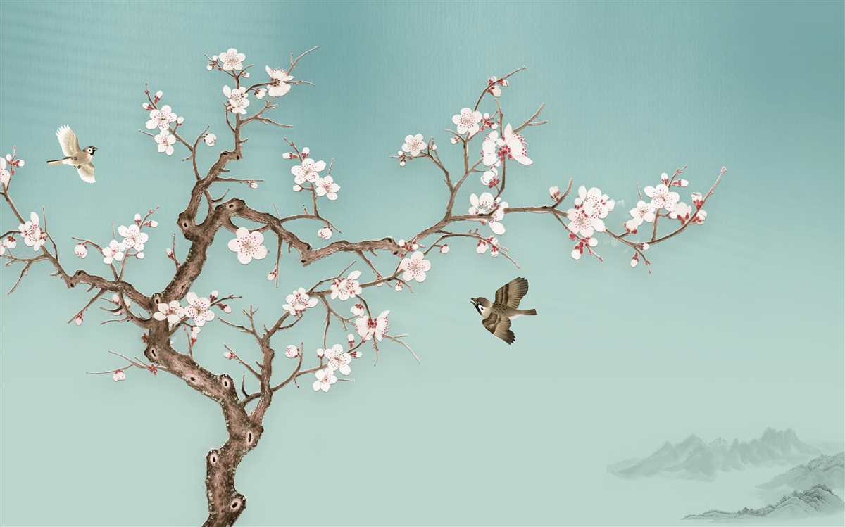 Fototapeten Bäume mit weißen Blumen sind zum Ziel von Vogelflügen geworden