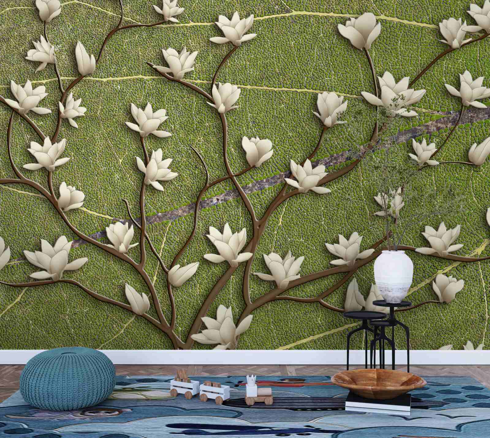 Fototapeten Schnee -White -Magnolienzweige auf grünem Hintergrund