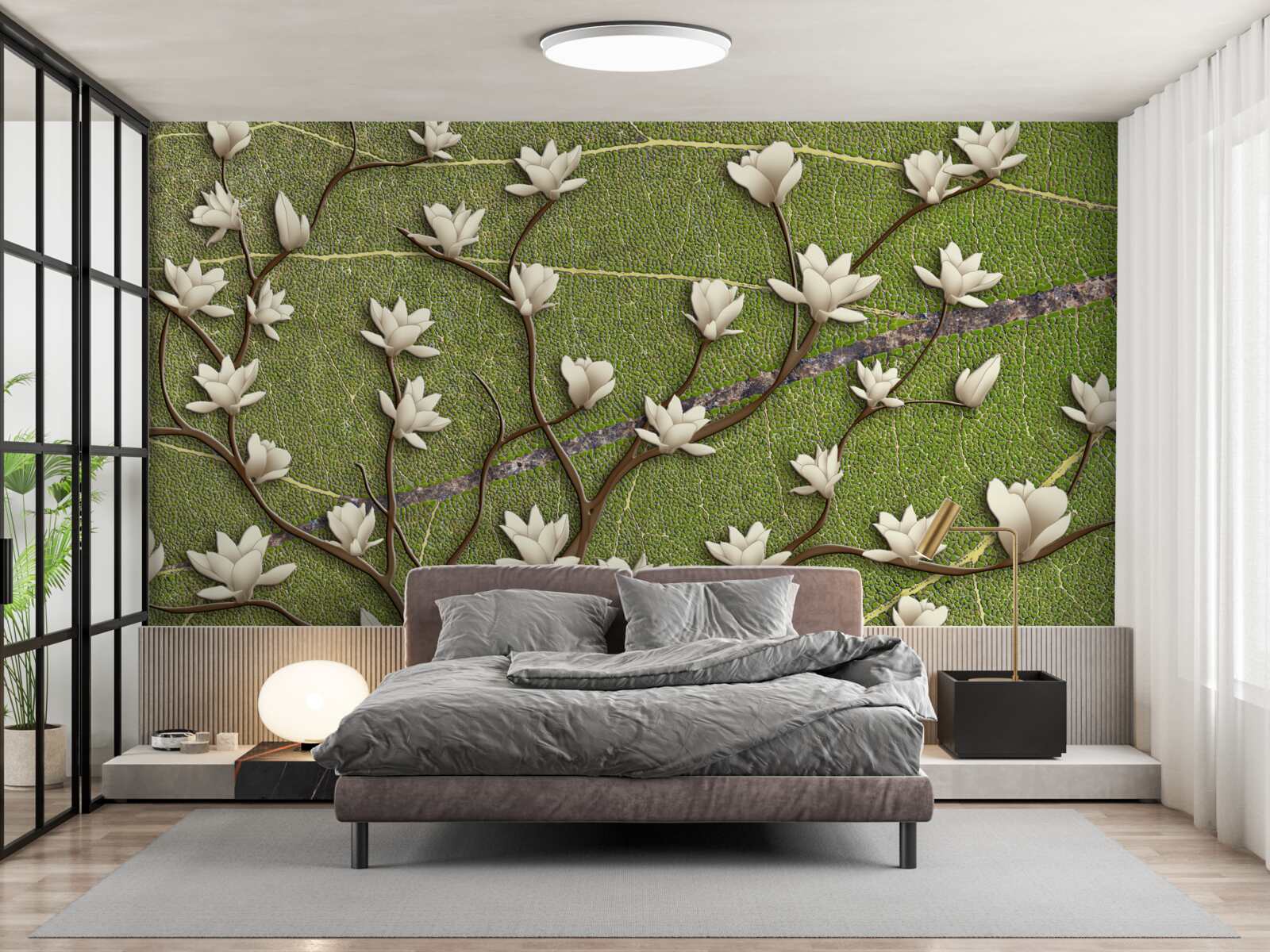 Fototapeten Schnee -White -Magnolienzweige auf grünem Hintergrund