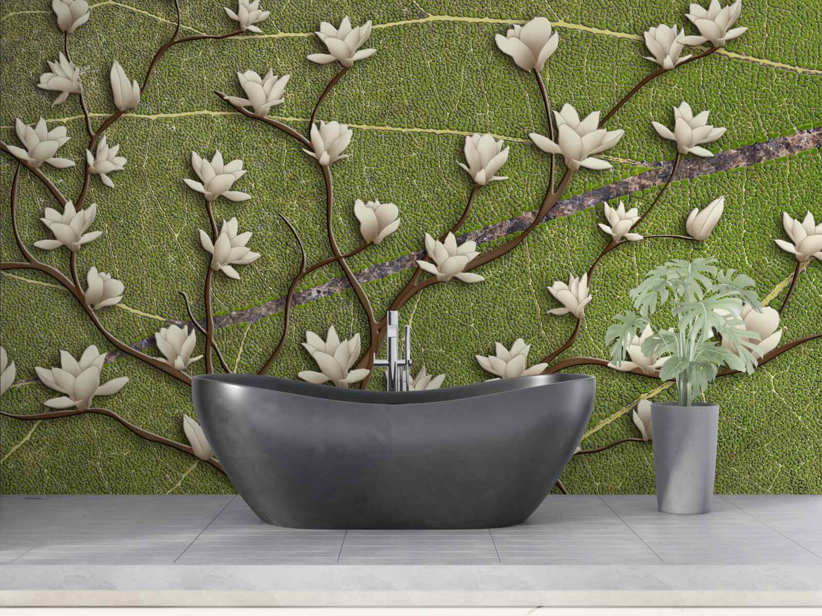 Fototapeten Schnee -White -Magnolienzweige auf grünem Hintergrund