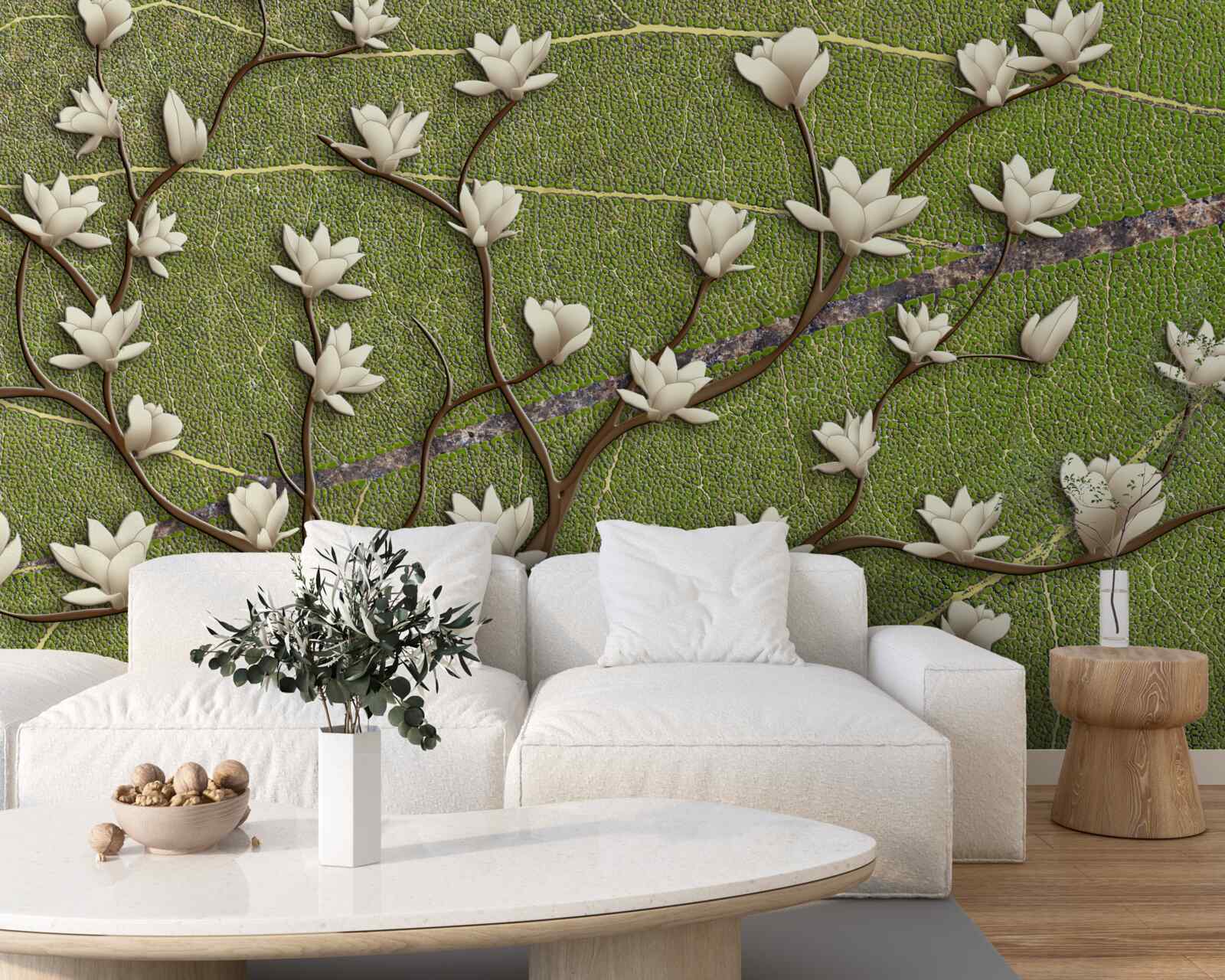 Fototapeten Schnee -White -Magnolienzweige auf grünem Hintergrund