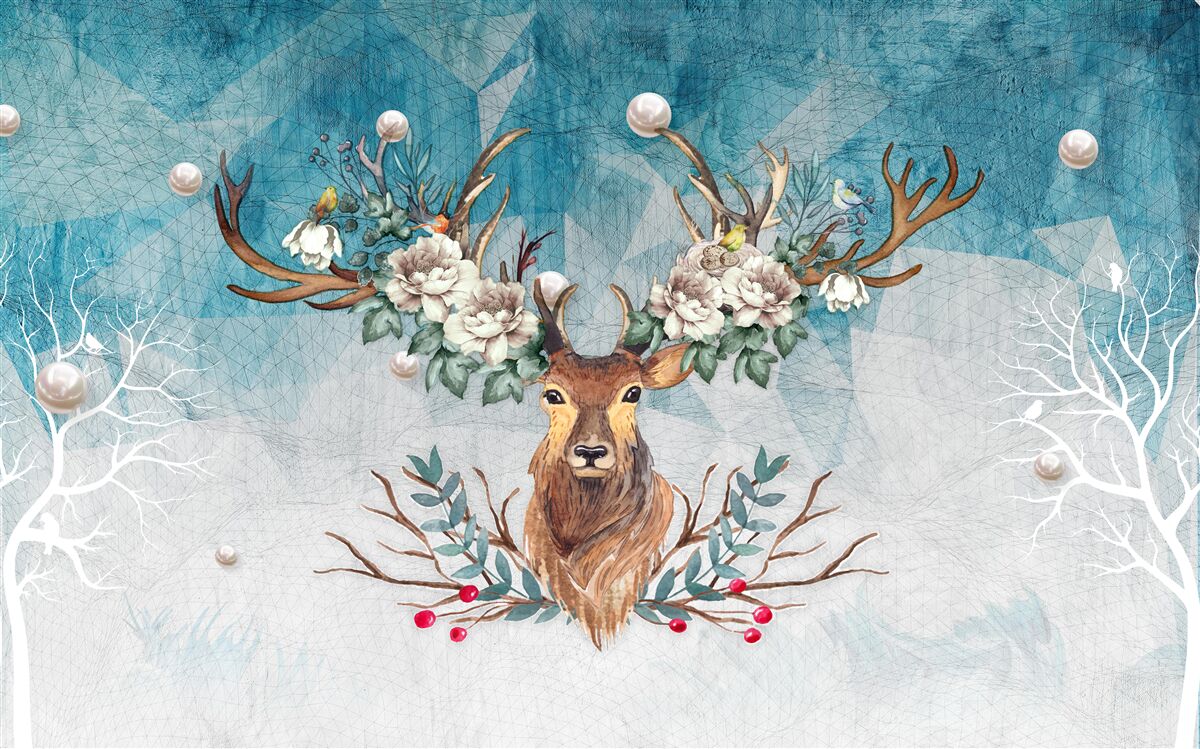 Fototapeten Im Winter schmücken Flügel mit Blumen, die ihr Geweih dekorieren