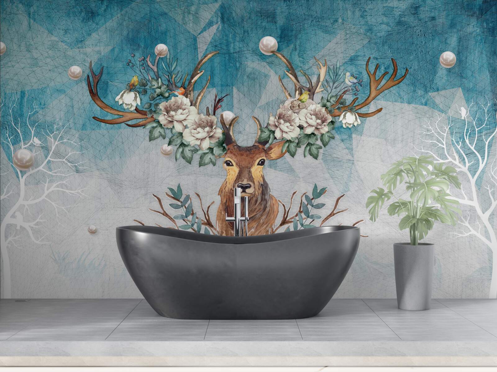 Fototapeten Im Winter schmücken Flügel mit Blumen, die ihr Geweih dekorieren