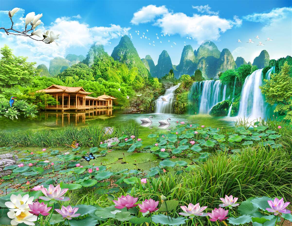 Fototapeten Eine Wohnung in der Nähe eines Wasserfalls, der in einen natürlichen Wasserreservoir fällt