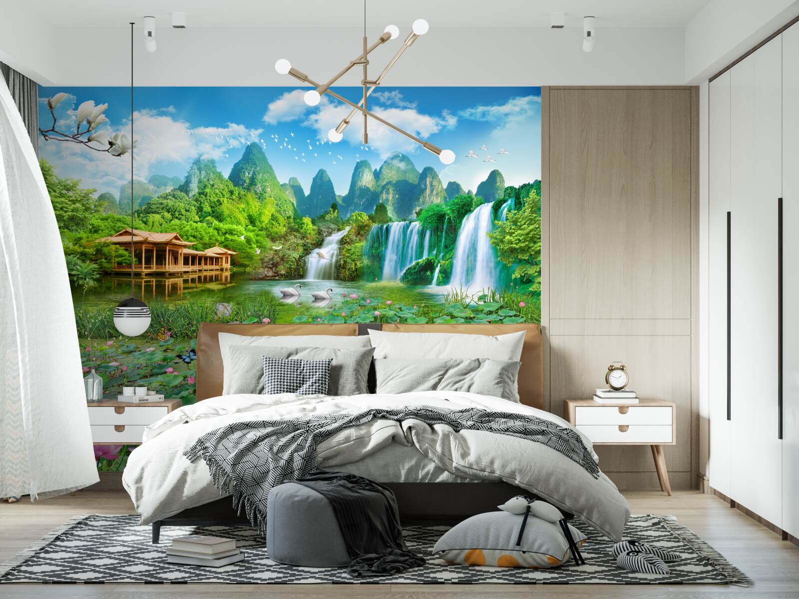 Fototapeten Eine Wohnung in der Nähe eines Wasserfalls, der in einen natürlichen Wasserreservoir fällt