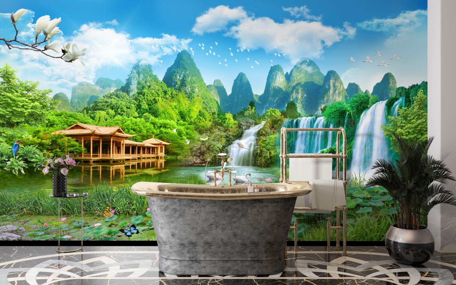 Fototapeten Eine Wohnung in der Nähe eines Wasserfalls, der in einen natürlichen Wasserreservoir fällt