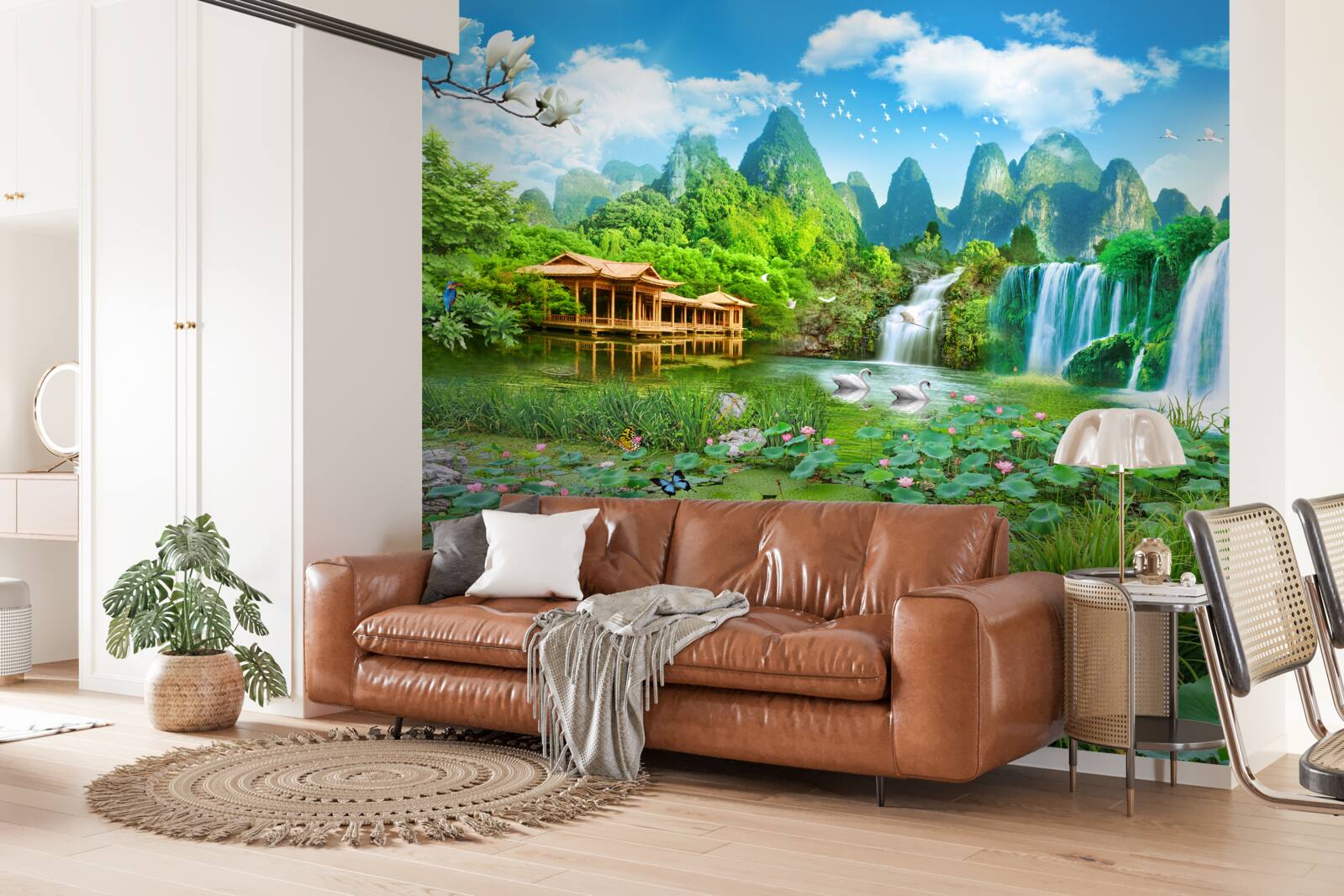 Fototapeten Eine Wohnung in der Nähe eines Wasserfalls, der in einen natürlichen Wasserreservoir fällt