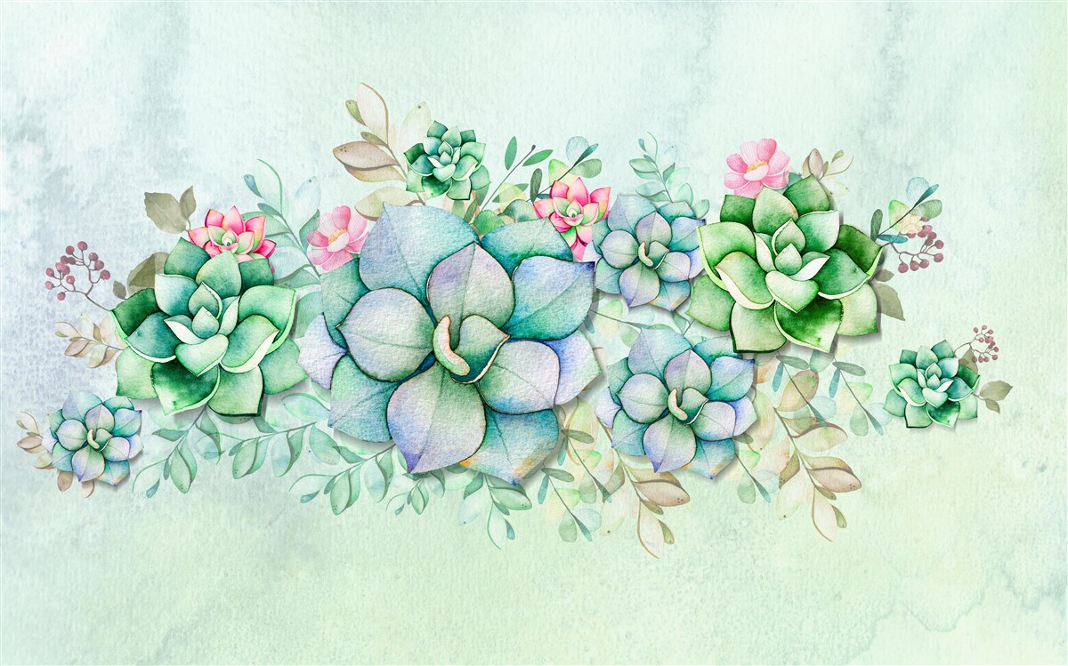 Fototapeten Mit Aquarell bemalte grüne Blüten