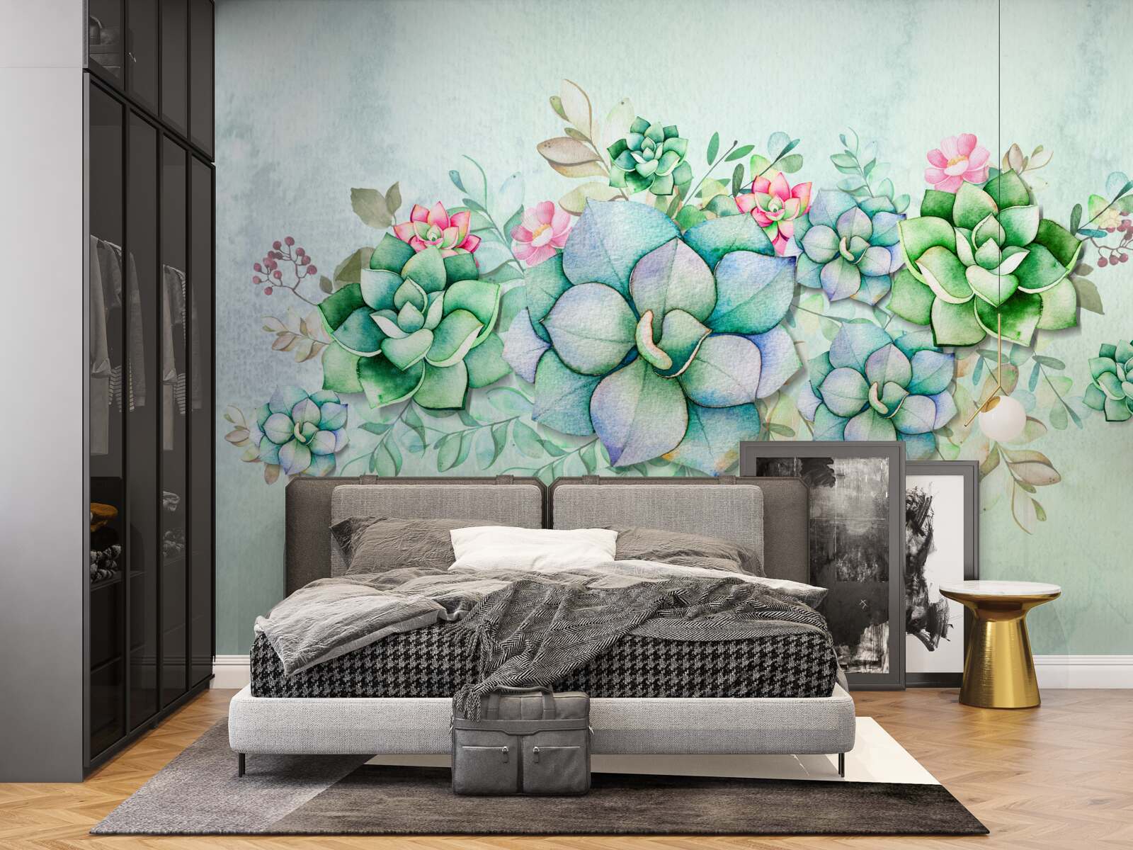 Fototapeten Mit Aquarell bemalte grüne Blüten