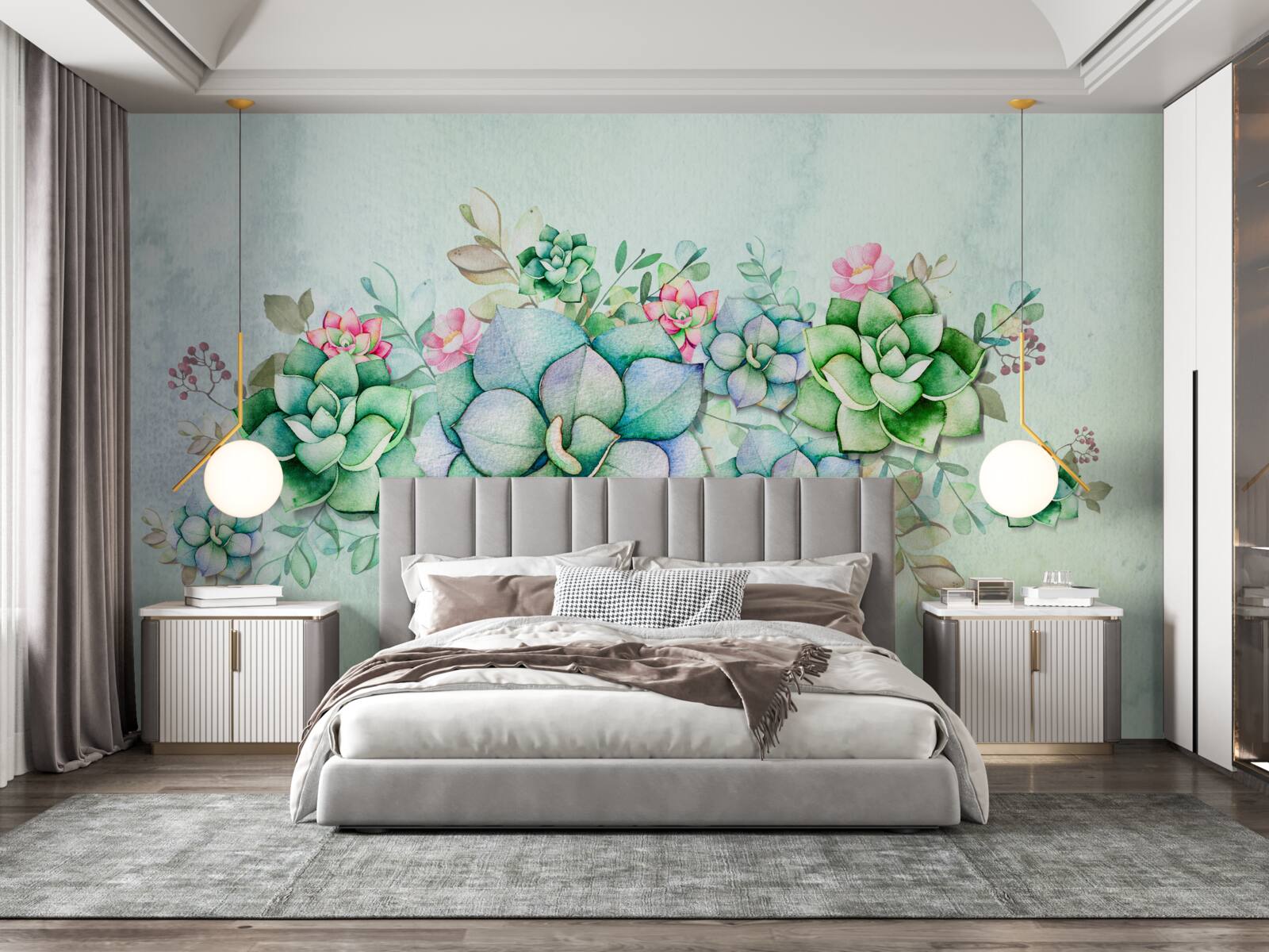 Fototapeten Mit Aquarell bemalte grüne Blüten