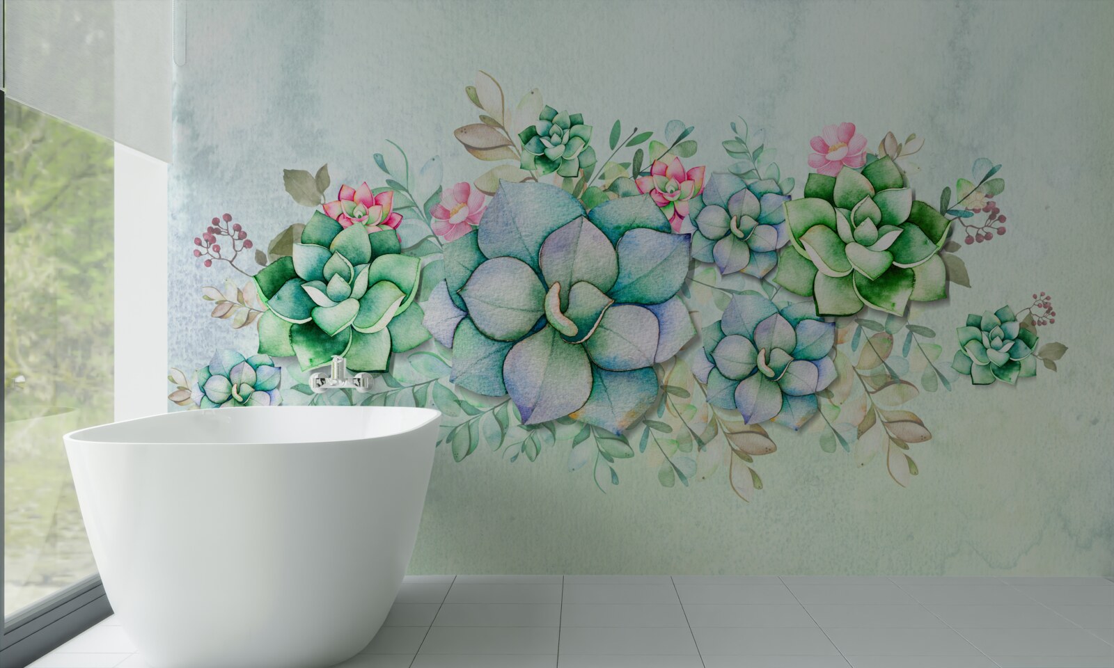 Fototapeten Mit Aquarell bemalte grüne Blüten