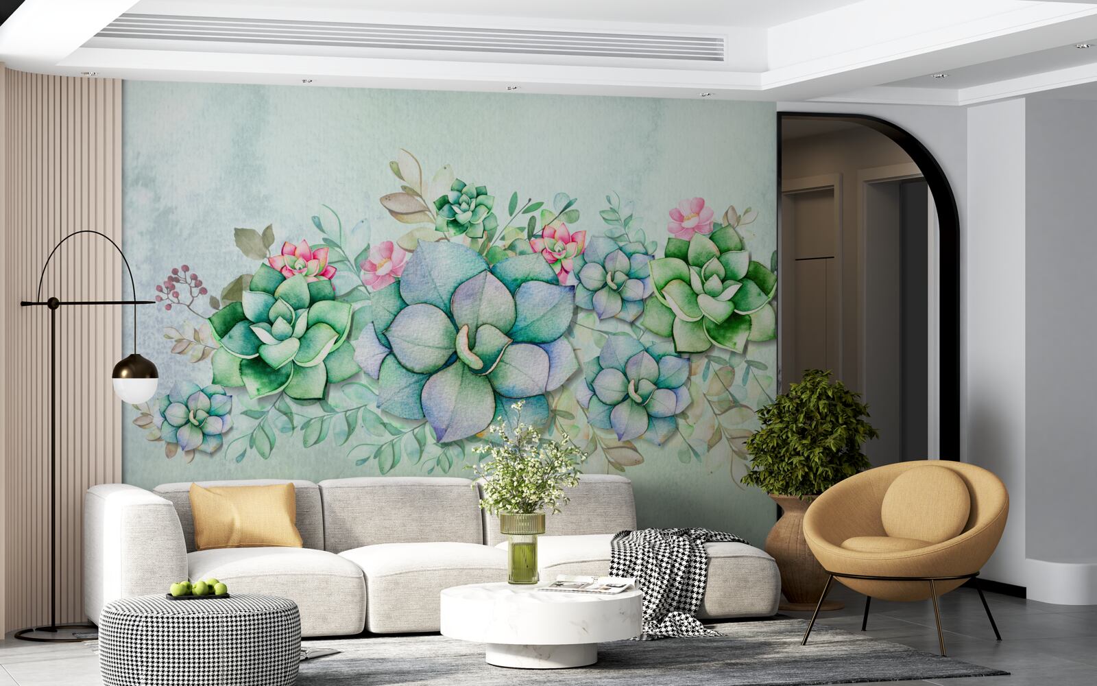 Fototapeten Mit Aquarell bemalte grüne Blüten