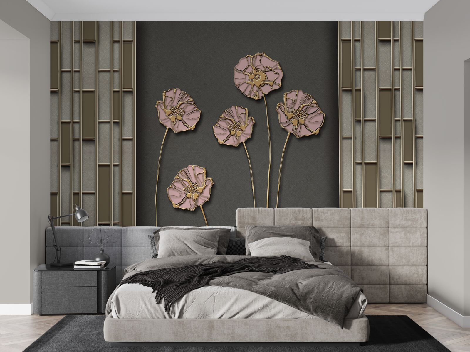 Fototapeten Elegante Mohnblumen auf silbernem Hintergrund