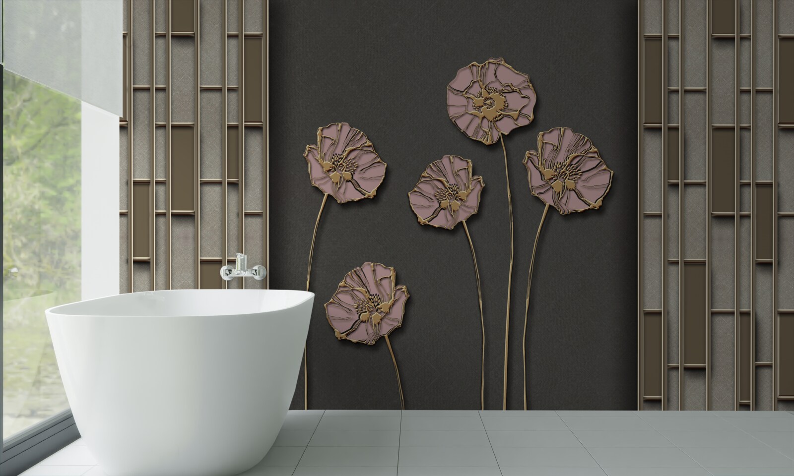 Fototapeten Elegante Mohnblumen auf silbernem Hintergrund
