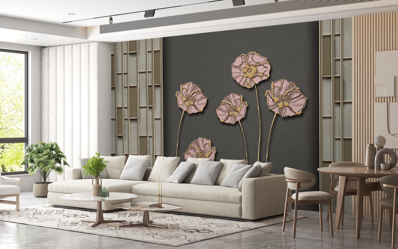 Fototapeten Elegante Mohnblumen auf silbernem Hintergrund