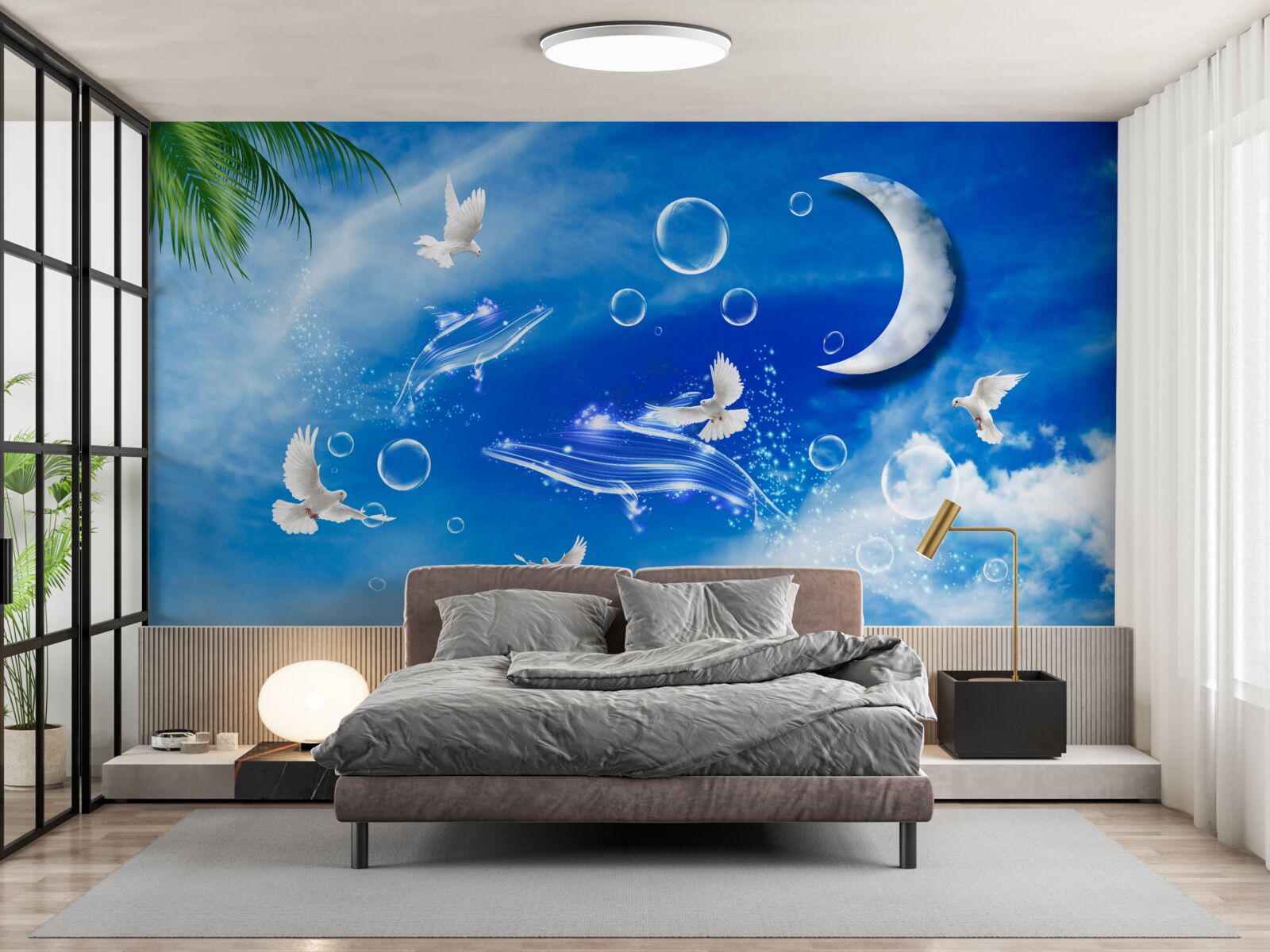 Fototapeten Mond im täglichen Himmel und Tauben