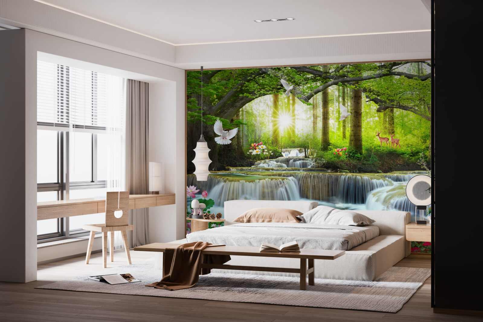 Fototapeten Leben und Natur im wilden Wasserfall im Wald