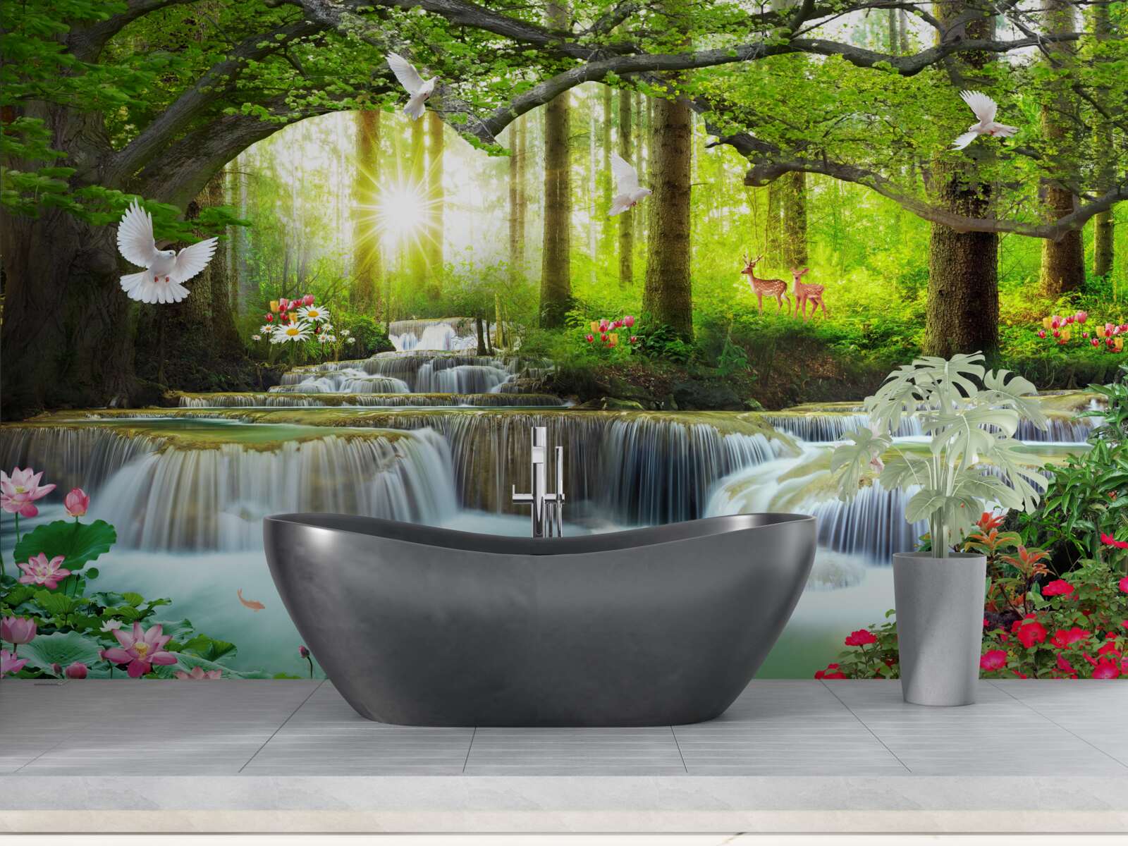 Fototapeten Leben und Natur im wilden Wasserfall im Wald