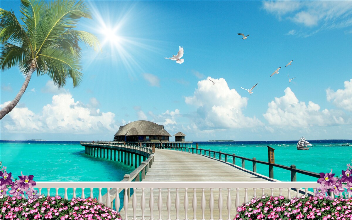 Fototapeten Pier, der zur Bucht führt