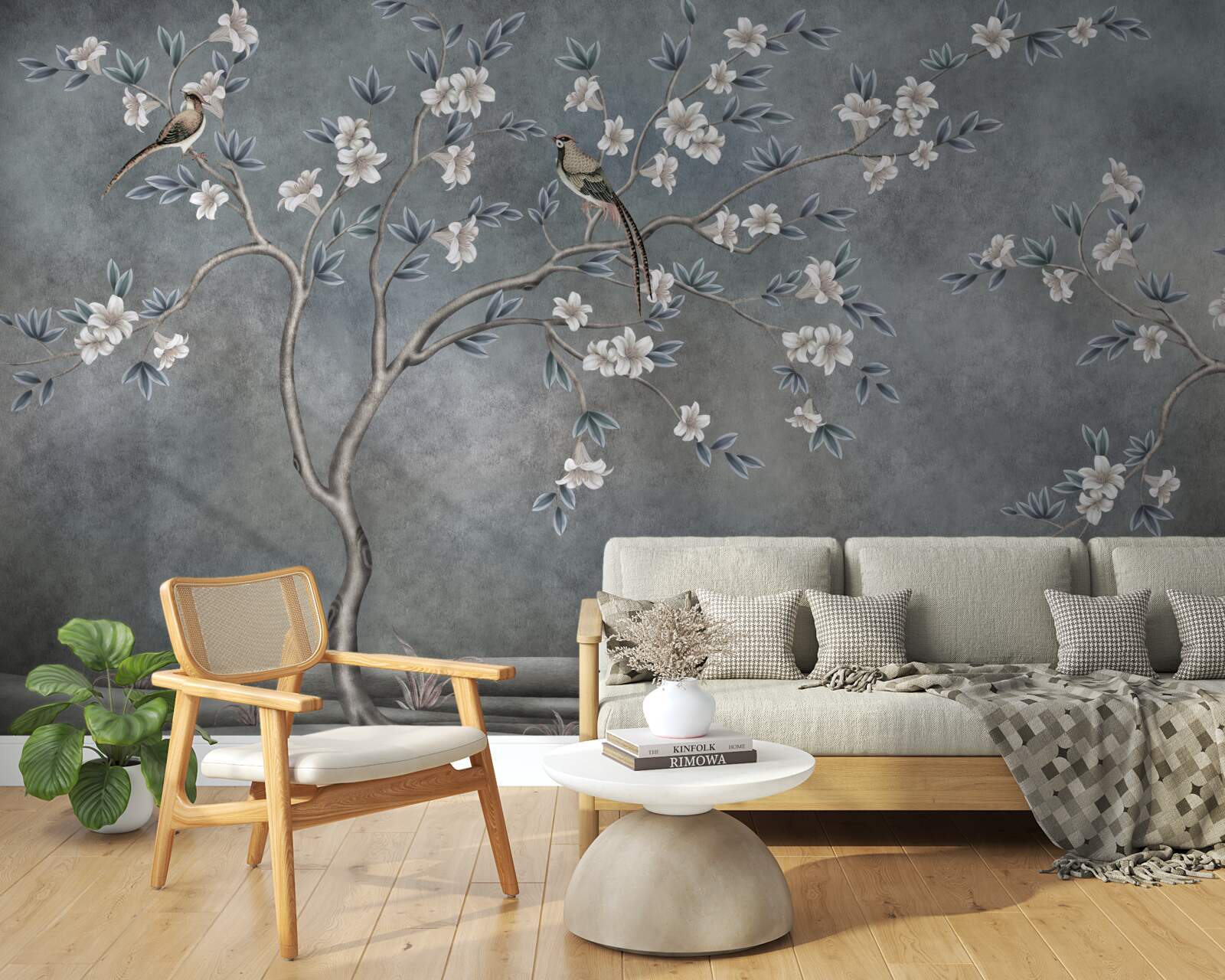 Fototapeten Bäume mit weißen Blumen sind mit Vögeln dekoriert