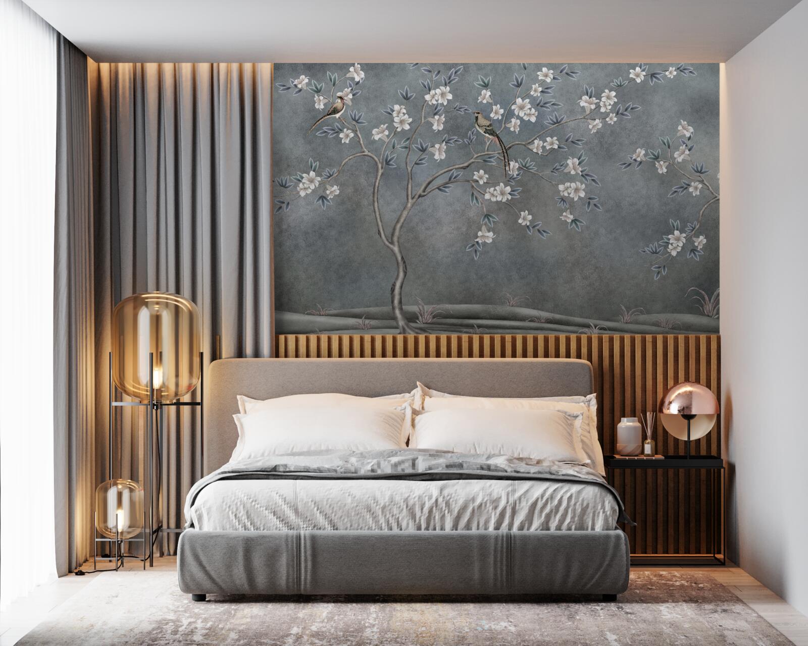 Fototapeten Bäume mit weißen Blumen sind mit Vögeln dekoriert
