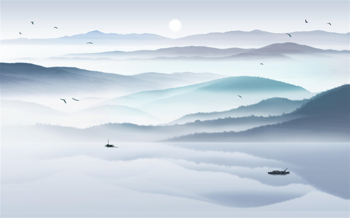 Fototapeten Der Nebel kommt und bedeckt den Mountain River mit einem dicken Schleier