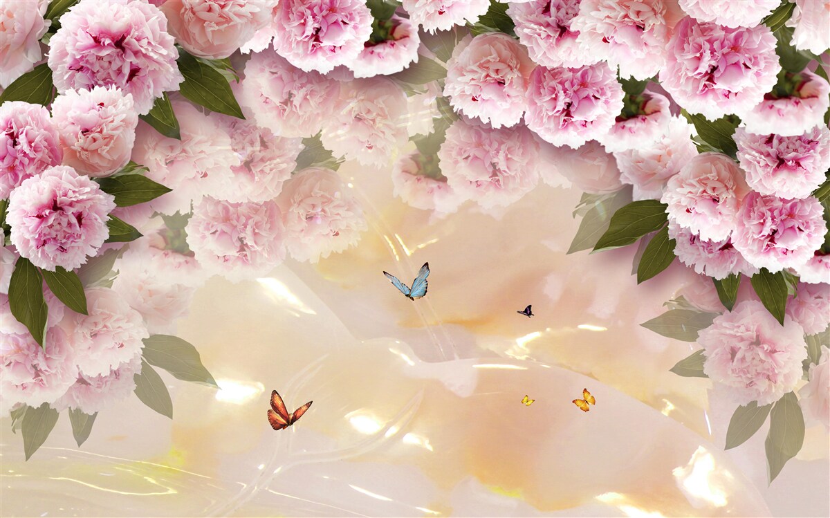 Fototapeten Zarte Papillone und rosa Blumen
