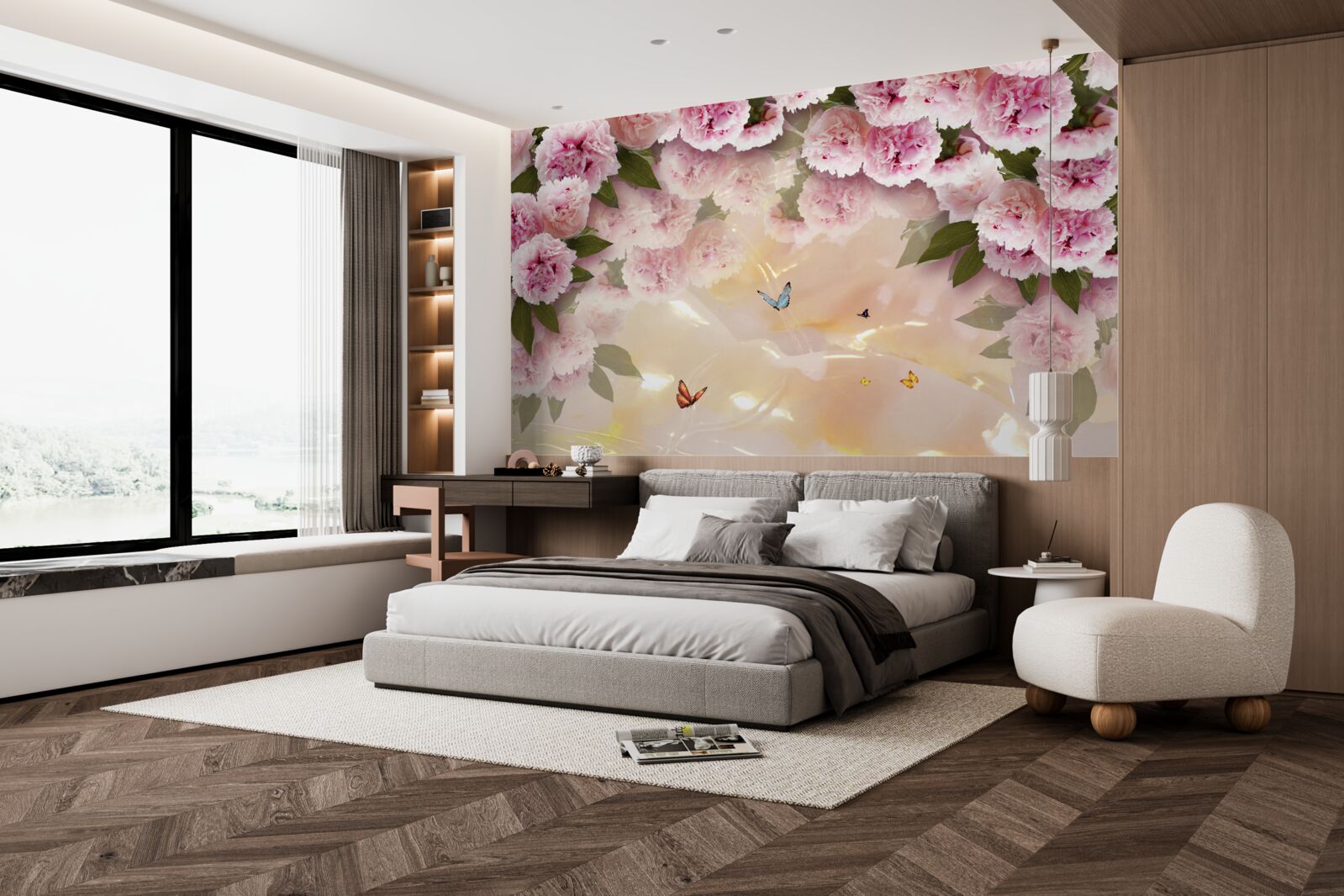 Fototapeten Zarte Papillone und rosa Blumen