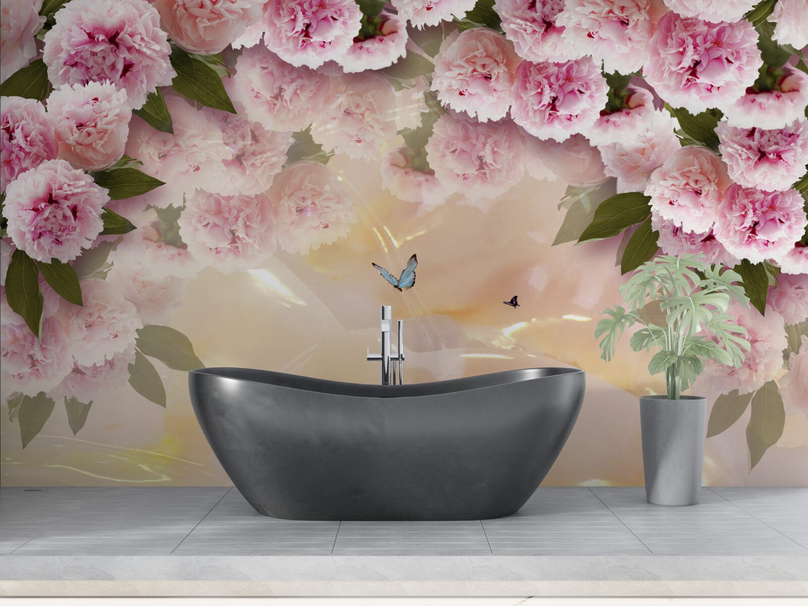 Fototapeten Zarte Papillone und rosa Blumen