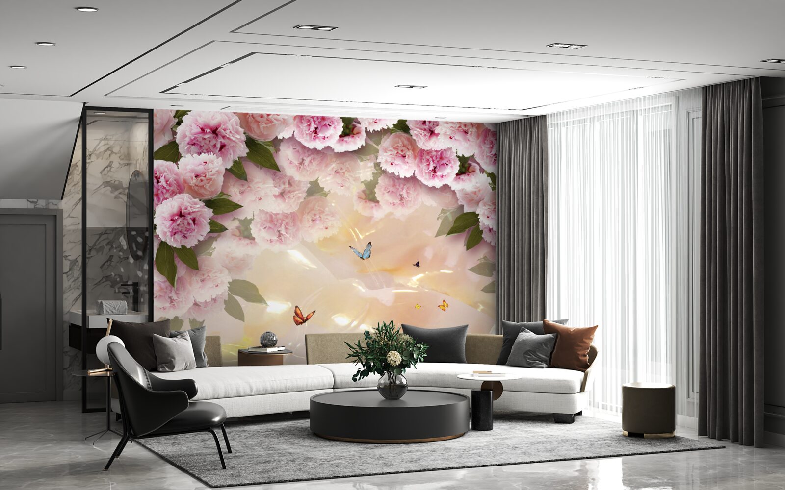 Fototapeten Zarte Papillone und rosa Blumen