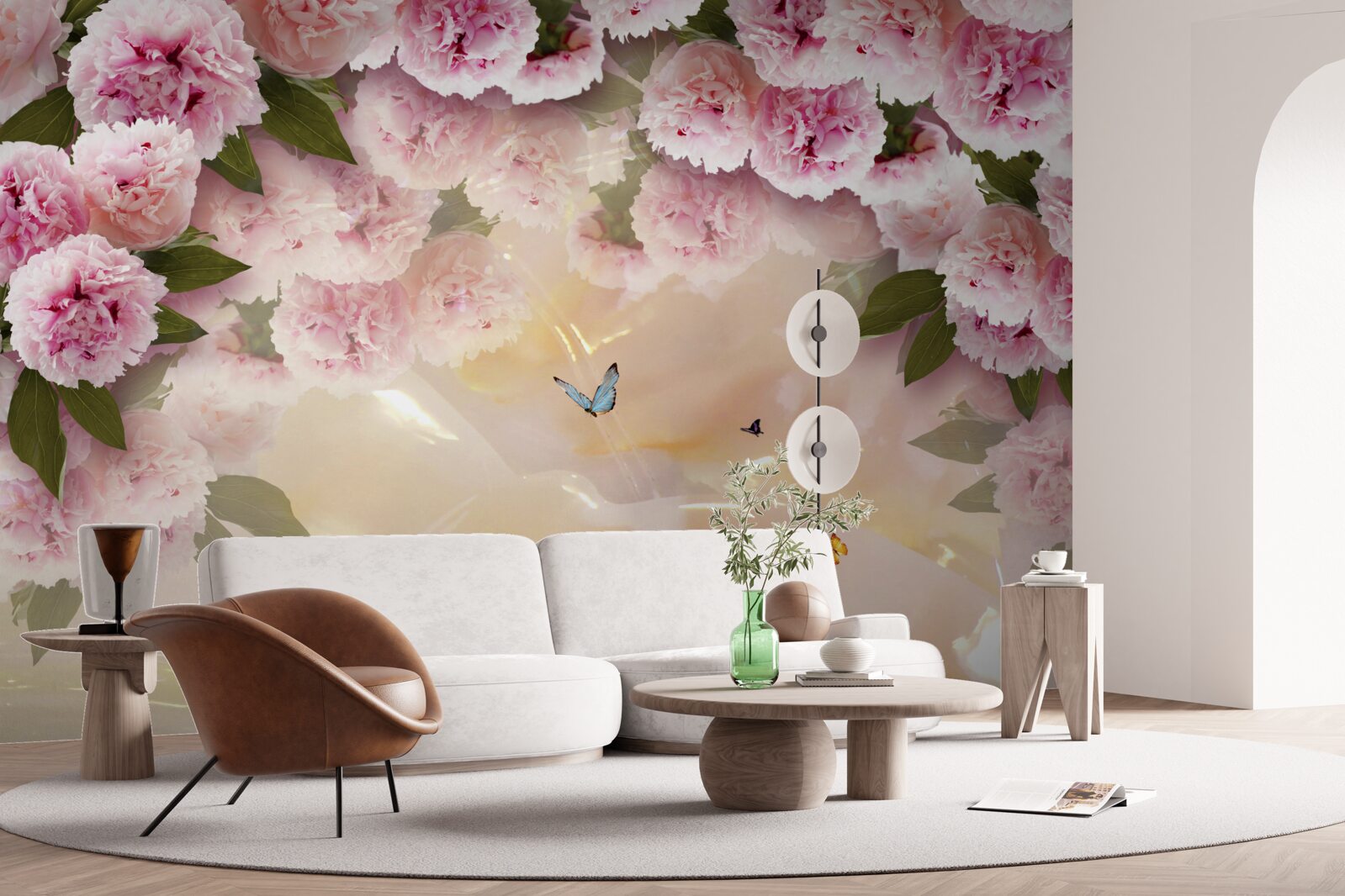 Fototapeten Zarte Papillone und rosa Blumen