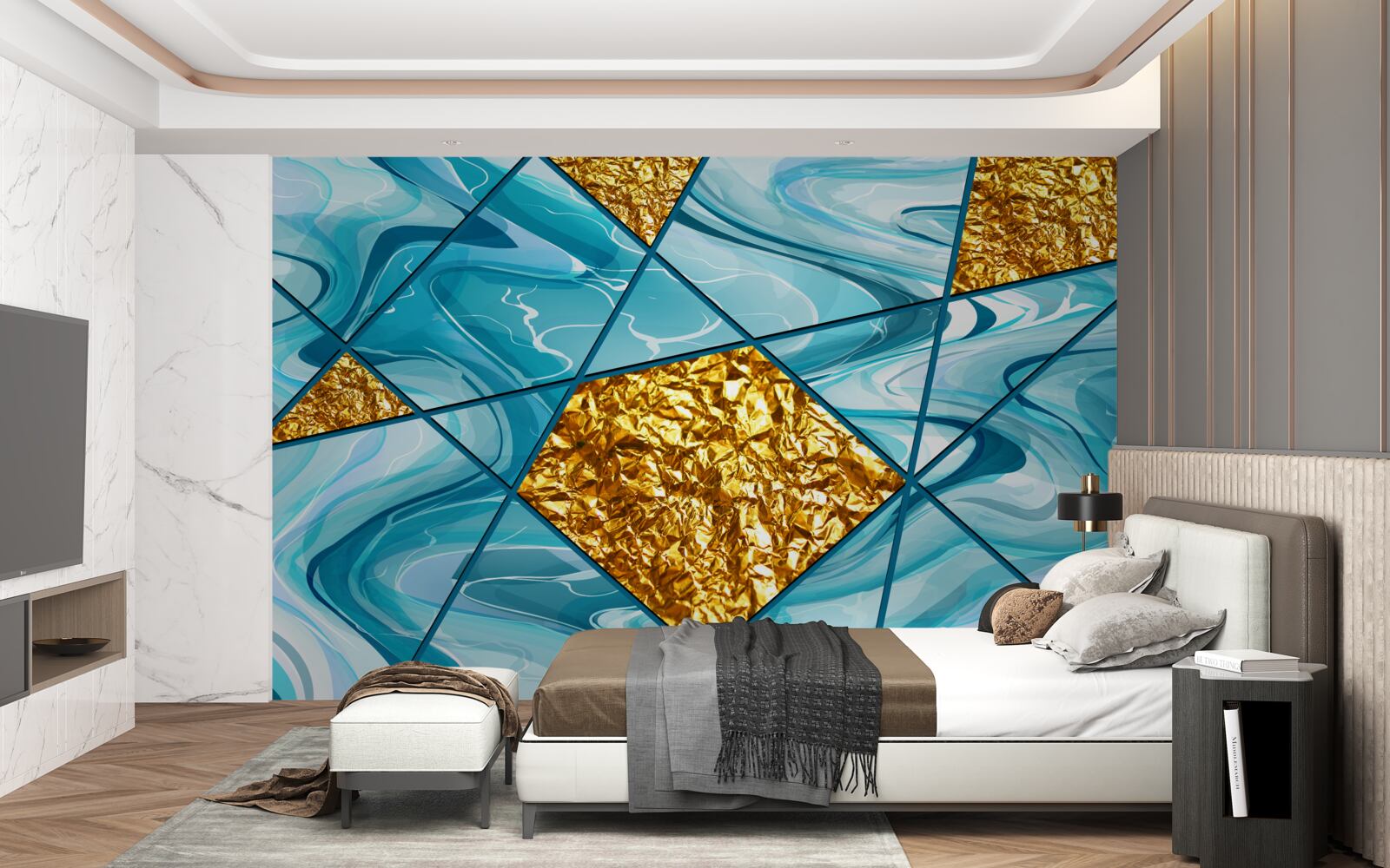 Fototapeten Der Himmel ist blau und verschwommen, mit goldenen Akzenten dekoriert