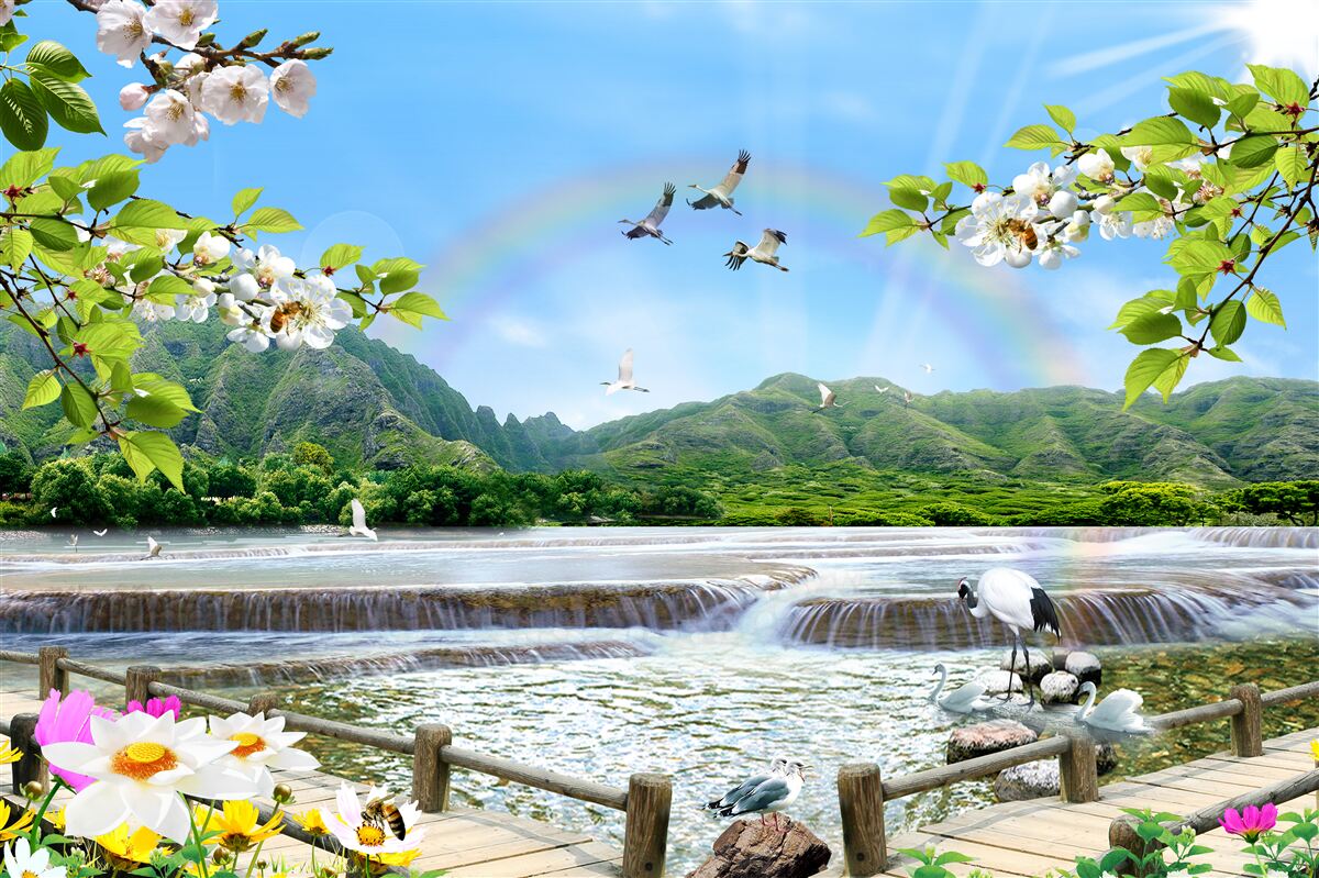 Fototapeten Waldwasserfall und See unter einem bunten Regenbogen