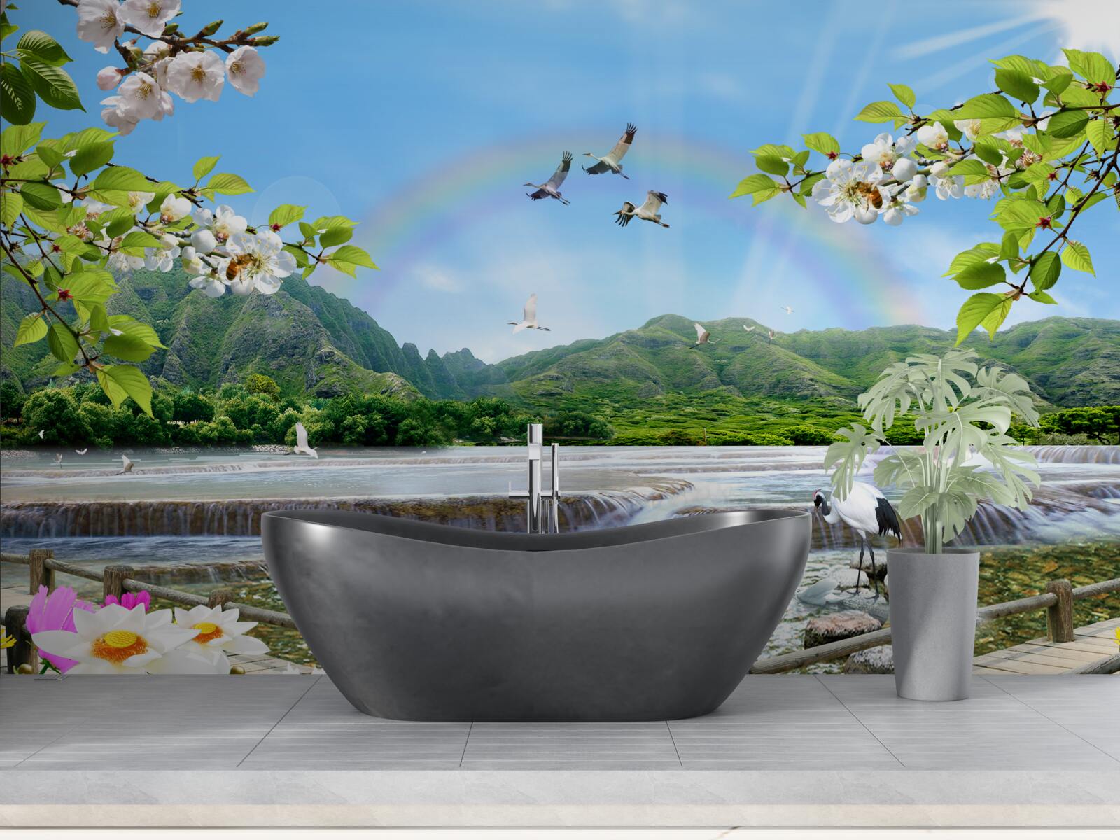 Fototapeten Waldwasserfall und See unter einem bunten Regenbogen