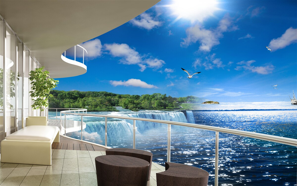 Fototapeten Balkon in der Nähe des riesigen Wasserfalls