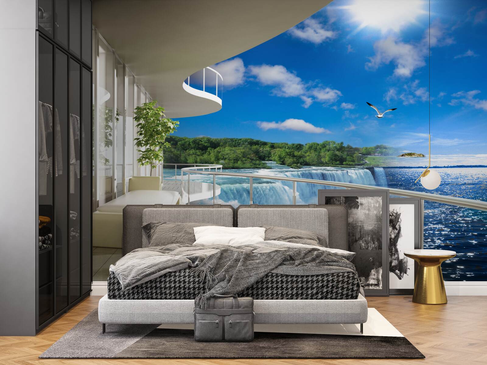 Fototapeten Balkon in der Nähe des riesigen Wasserfalls