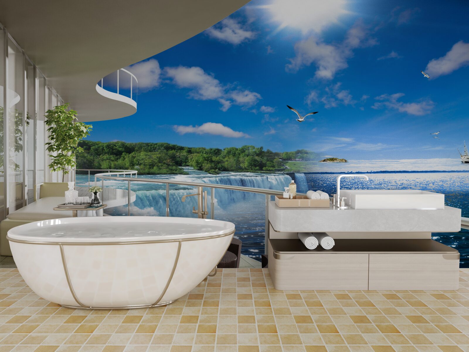 Fototapeten Balkon in der Nähe des riesigen Wasserfalls