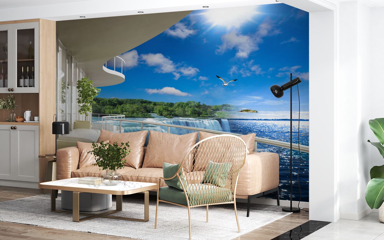 Fototapeten Balkon in der Nähe des riesigen Wasserfalls