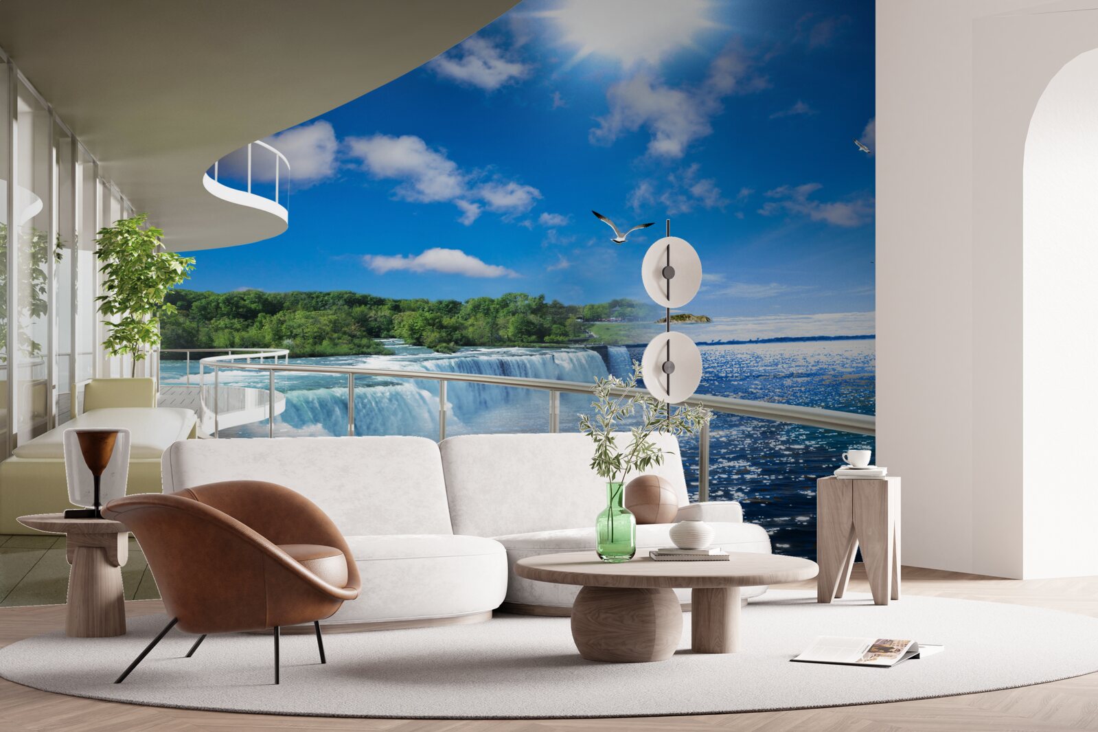 Fototapeten Balkon in der Nähe des riesigen Wasserfalls