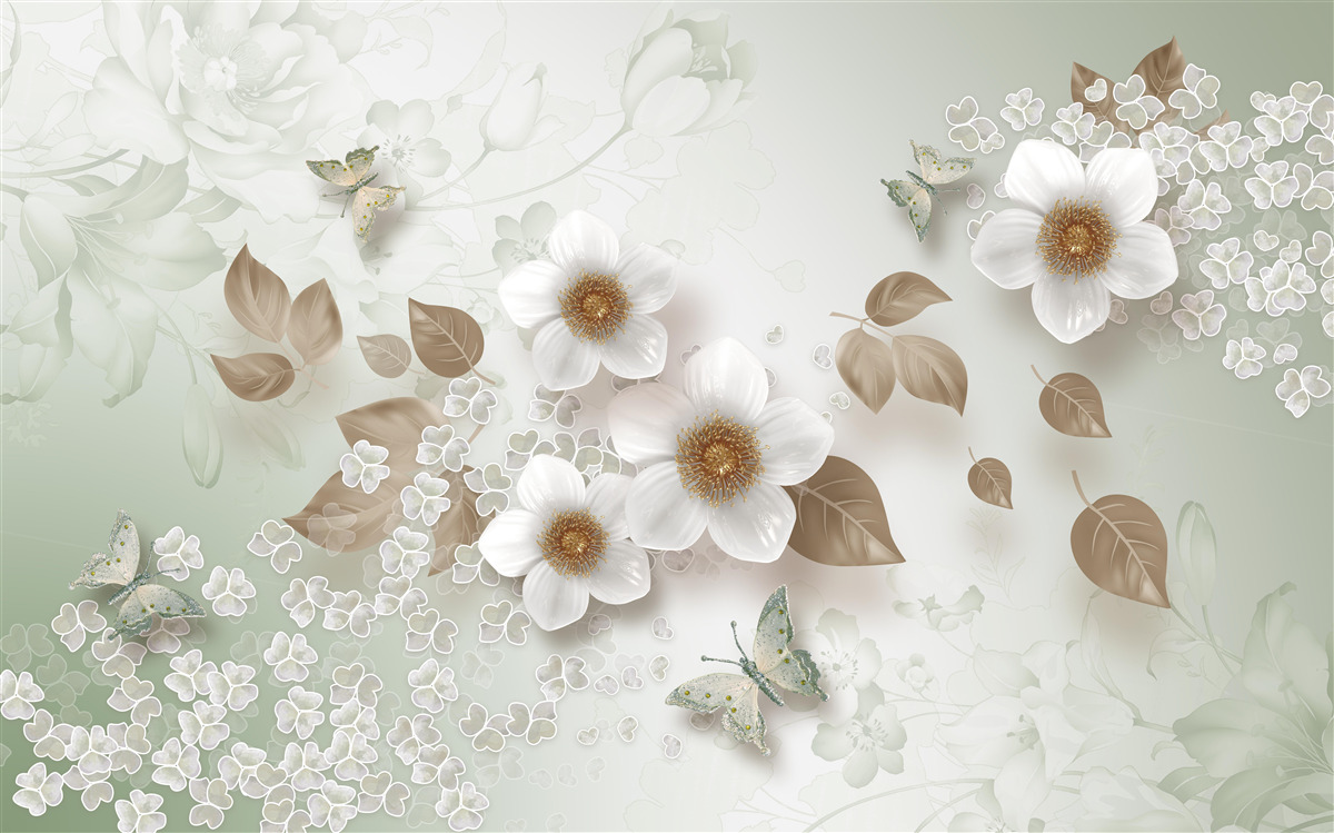Fototapeten Weiße Blumen mit großen Knospen und Schmetterlingen